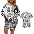 New Zealand Sea Animals Couples Matching Off Shoulder Short Dress and Hawaiian Shirt with Maori Koru Tribal Tattoo and Silver Ferns White Color