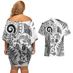 New Zealand Sea Animals Couples Matching Off Shoulder Short Dress and Hawaiian Shirt with Maori Koru Tribal Tattoo and Silver Ferns White Color