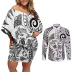 New Zealand Sea Animals Couples Matching Off Shoulder Short Dress and Long Sleeve Button Shirt with Maori Koru Tribal Tattoo and Silver Ferns White Color