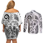 New Zealand Sea Animals Couples Matching Off Shoulder Short Dress and Long Sleeve Button Shirt with Maori Koru Tribal Tattoo and Silver Ferns White Color