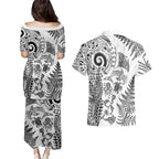 New Zealand Sea Animals Couples Matching Puletasi and Hawaiian Shirt with Maori Koru Tribal Tattoo and Silver Ferns White Color
