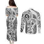 New Zealand Sea Animals Couples Matching Puletasi and Long Sleeve Button Shirt with Maori Koru Tribal Tattoo and Silver Ferns White Color