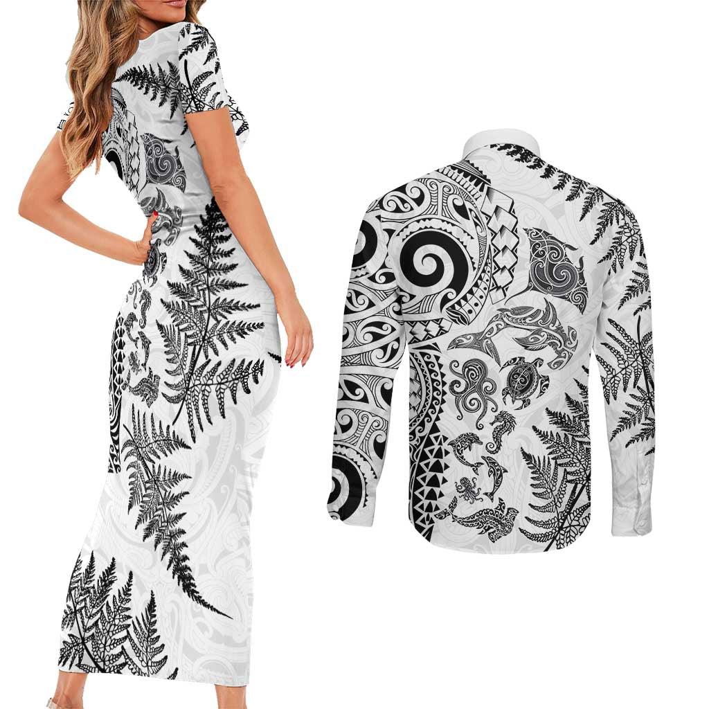 New Zealand Sea Animals Couples Matching Short Sleeve Bodycon Dress and Long Sleeve Button Shirt with Maori Koru Tribal Tattoo and Silver Ferns White Color