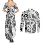 New Zealand Sea Animals Couples Matching Summer Maxi Dress and Long Sleeve Button Shirt with Maori Koru Tribal Tattoo and Silver Ferns White Color