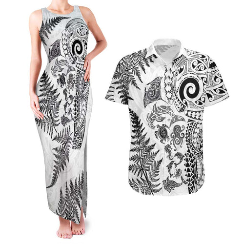 New Zealand Sea Animals Couples Matching Tank Maxi Dress and Hawaiian Shirt with Maori Koru Tribal Tattoo and Silver Ferns White Color