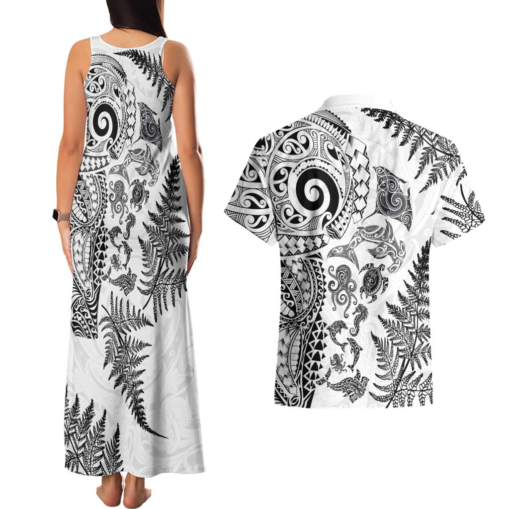 New Zealand Sea Animals Couples Matching Tank Maxi Dress and Hawaiian Shirt with Maori Koru Tribal Tattoo and Silver Ferns White Color