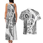 New Zealand Sea Animals Couples Matching Tank Maxi Dress and Hawaiian Shirt with Maori Koru Tribal Tattoo and Silver Ferns White Color