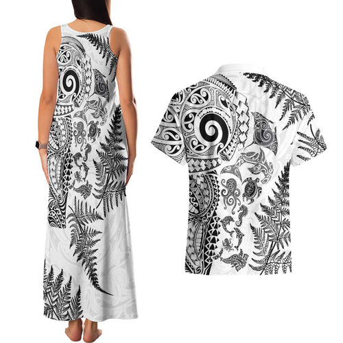 New Zealand Sea Animals Couples Matching Tank Maxi Dress and Hawaiian Shirt with Maori Koru Tribal Tattoo and Silver Ferns White Color
