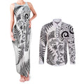 New Zealand Sea Animals Couples Matching Tank Maxi Dress and Long Sleeve Button Shirt with Maori Koru Tribal Tattoo and Silver Ferns White Color