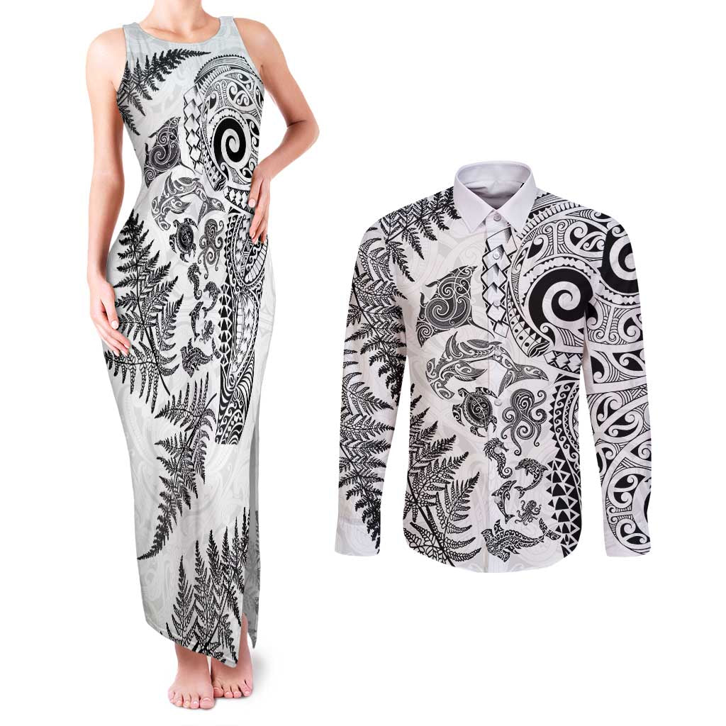 New Zealand Sea Animals Couples Matching Tank Maxi Dress and Long Sleeve Button Shirt with Maori Koru Tribal Tattoo and Silver Ferns White Color