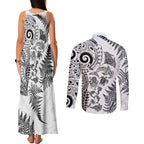 New Zealand Sea Animals Couples Matching Tank Maxi Dress and Long Sleeve Button Shirt with Maori Koru Tribal Tattoo and Silver Ferns White Color