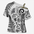 New Zealand Sea Animals Cross Shoulder Shirt with Maori Koru Tribal Tattoo and Silver Ferns White Color