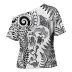 New Zealand Sea Animals Cross Shoulder Shirt with Maori Koru Tribal Tattoo and Silver Ferns White Color
