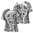New Zealand Sea Animals Cross Shoulder Shirt with Maori Koru Tribal Tattoo and Silver Ferns White Color