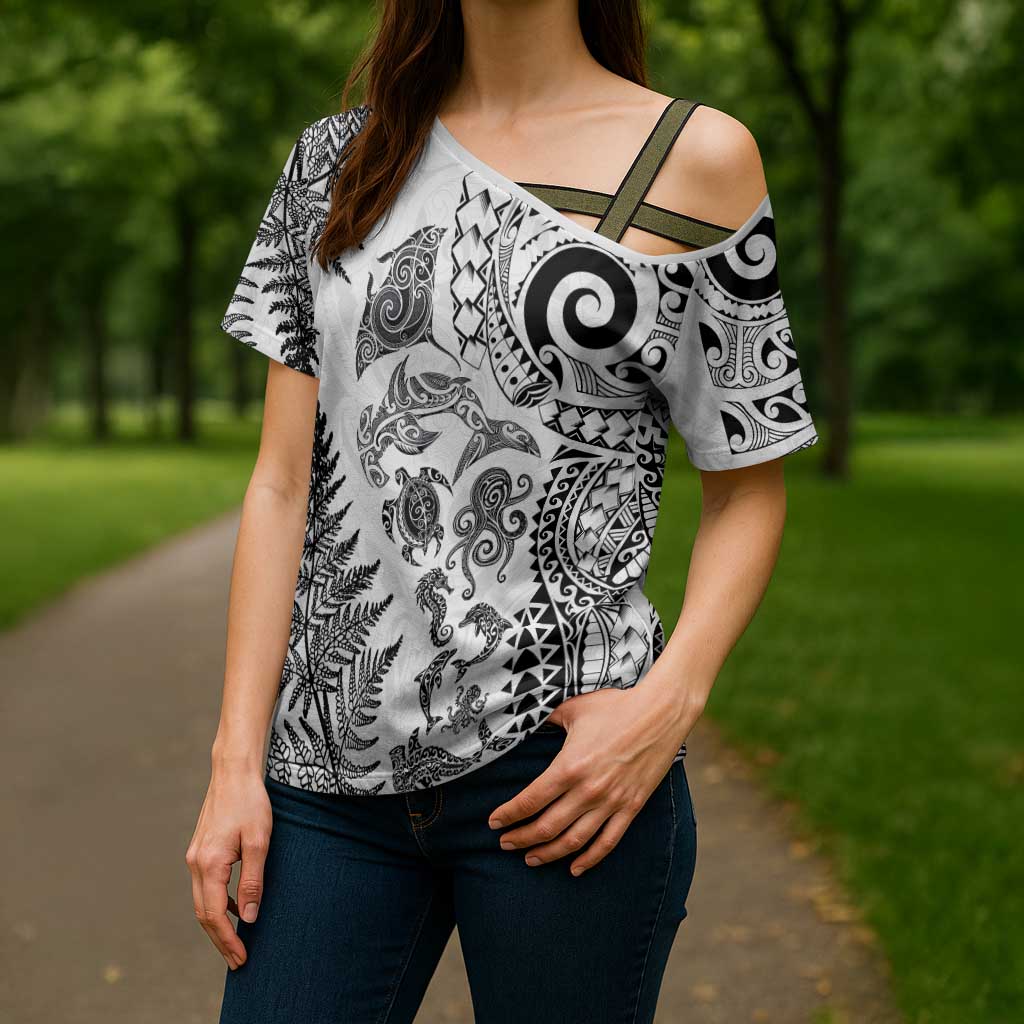 New Zealand Sea Animals Cross Shoulder Shirt with Maori Koru Tribal Tattoo and Silver Ferns White Color