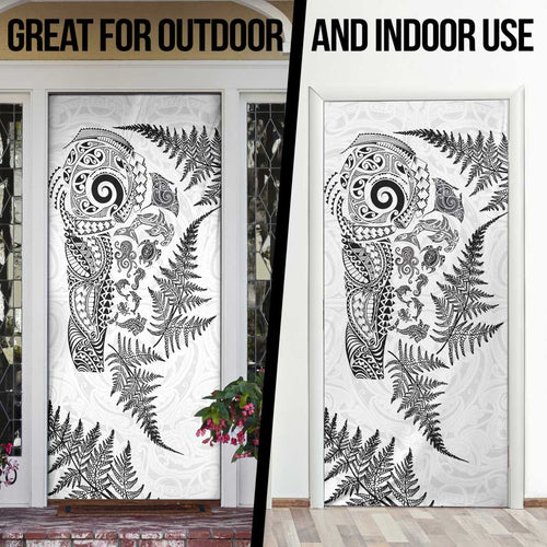 New Zealand Sea Animals Door Cover with Maori Koru Tribal Tattoo and Silver Ferns White Color