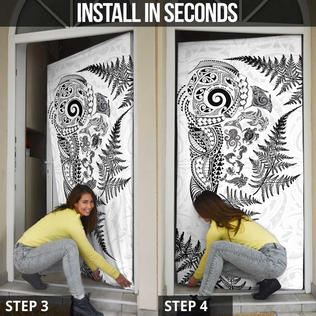 New Zealand Sea Animals Door Cover with Maori Koru Tribal Tattoo and Silver Ferns White Color