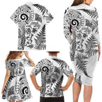New Zealand Sea Animals Family Matching Long Sleeve Bodycon Dress and Hawaiian Shirt with Maori Koru Tribal Tattoo and Silver Ferns White Color