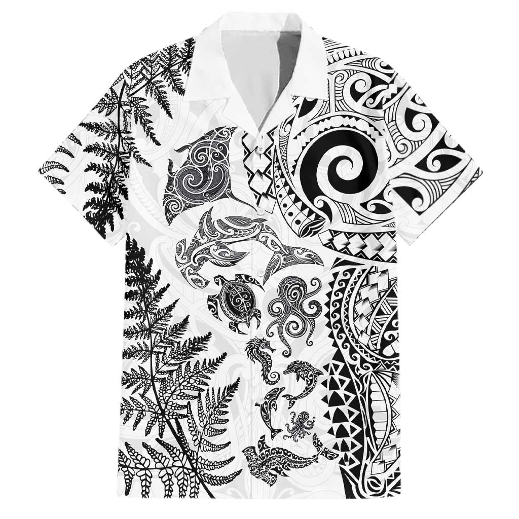 New Zealand Sea Animals Family Matching Long Sleeve Bodycon Dress and Hawaiian Shirt with Maori Koru Tribal Tattoo and Silver Ferns White Color