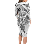 New Zealand Sea Animals Family Matching Long Sleeve Bodycon Dress and Hawaiian Shirt with Maori Koru Tribal Tattoo and Silver Ferns White Color