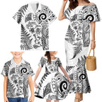 New Zealand Sea Animals Family Matching Mermaid Dress and Hawaiian Shirt with Maori Koru Tribal Tattoo and Silver Ferns White Color