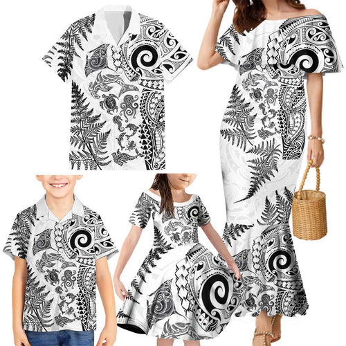 New Zealand Sea Animals Family Matching Mermaid Dress and Hawaiian Shirt with Maori Koru Tribal Tattoo and Silver Ferns White Color