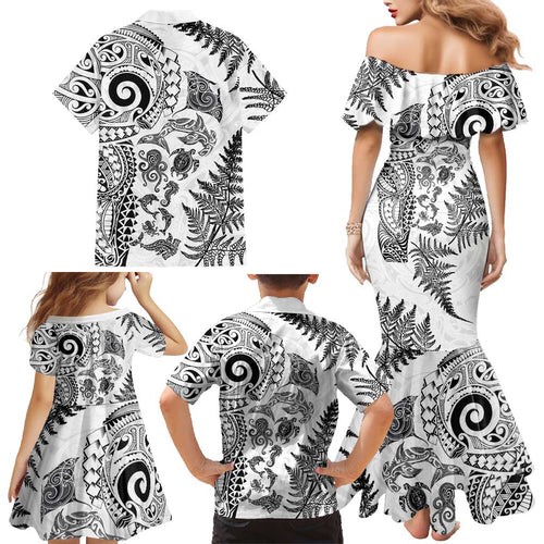 New Zealand Sea Animals Family Matching Mermaid Dress and Hawaiian Shirt with Maori Koru Tribal Tattoo and Silver Ferns White Color