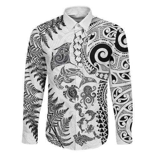 New Zealand Sea Animals Family Matching Mermaid Dress and Hawaiian Shirt with Maori Koru Tribal Tattoo and Silver Ferns White Color