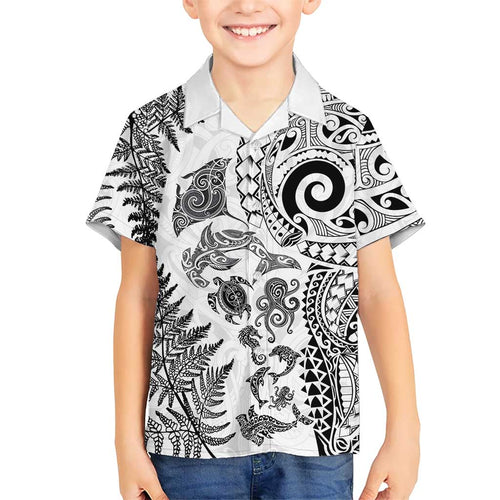 New Zealand Sea Animals Family Matching Mermaid Dress and Hawaiian Shirt with Maori Koru Tribal Tattoo and Silver Ferns White Color