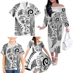 New Zealand Sea Animals Family Matching Off The Shoulder Long Sleeve Dress and Hawaiian Shirt with Maori Koru Tribal Tattoo and Silver Ferns White Color