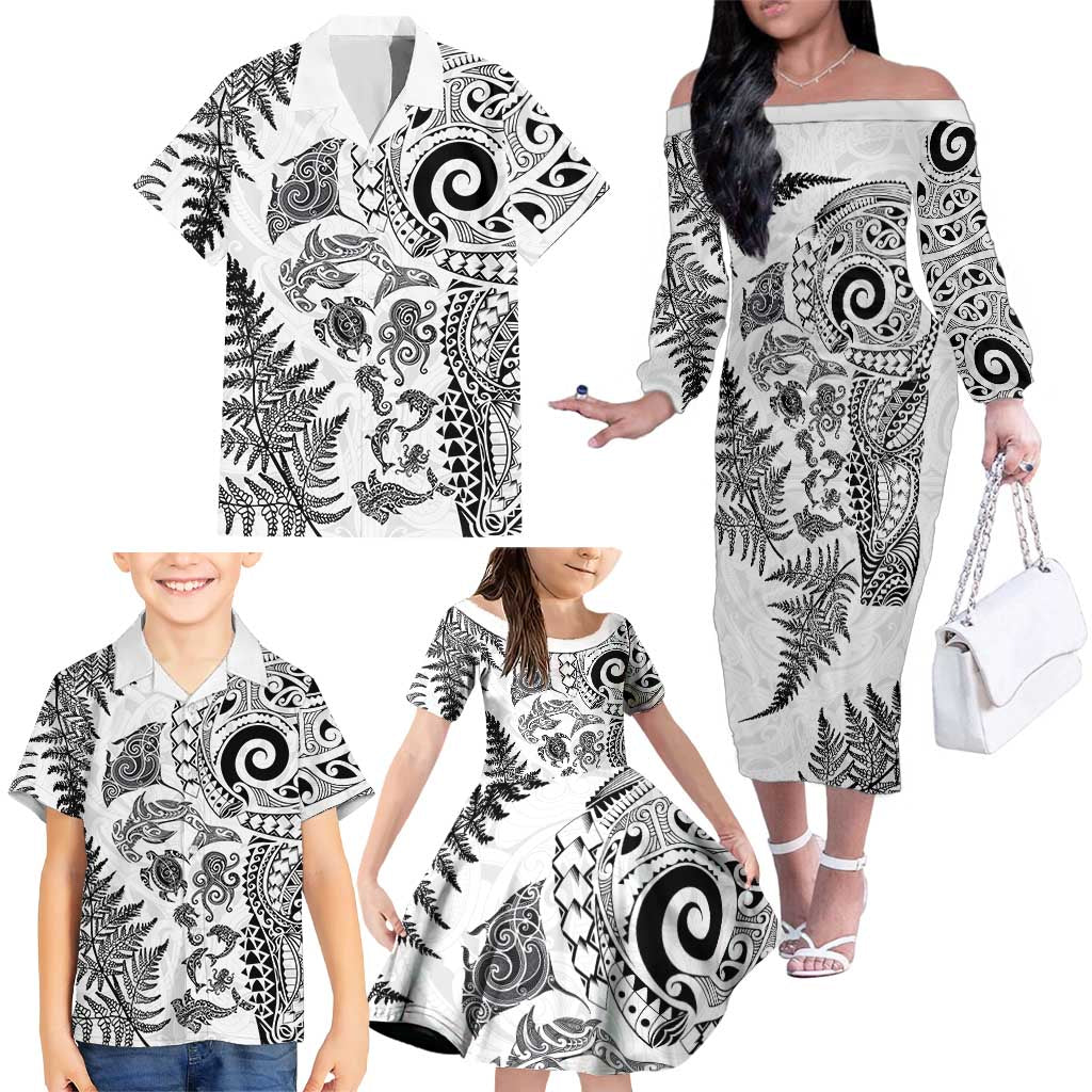 New Zealand Sea Animals Family Matching Off The Shoulder Long Sleeve Dress and Hawaiian Shirt with Maori Koru Tribal Tattoo and Silver Ferns White Color