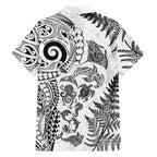 New Zealand Sea Animals Family Matching Off The Shoulder Long Sleeve Dress and Hawaiian Shirt with Maori Koru Tribal Tattoo and Silver Ferns White Color