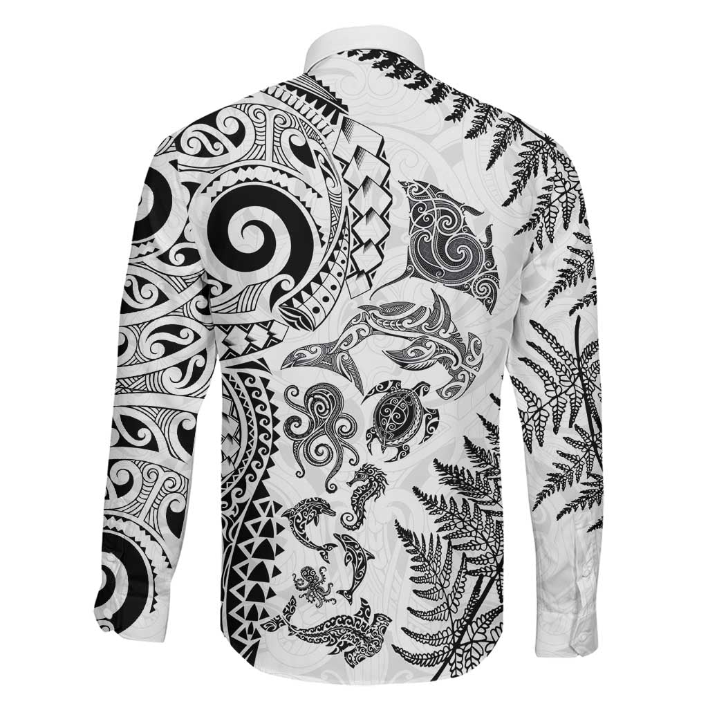 New Zealand Sea Animals Family Matching Off The Shoulder Long Sleeve Dress and Hawaiian Shirt with Maori Koru Tribal Tattoo and Silver Ferns White Color