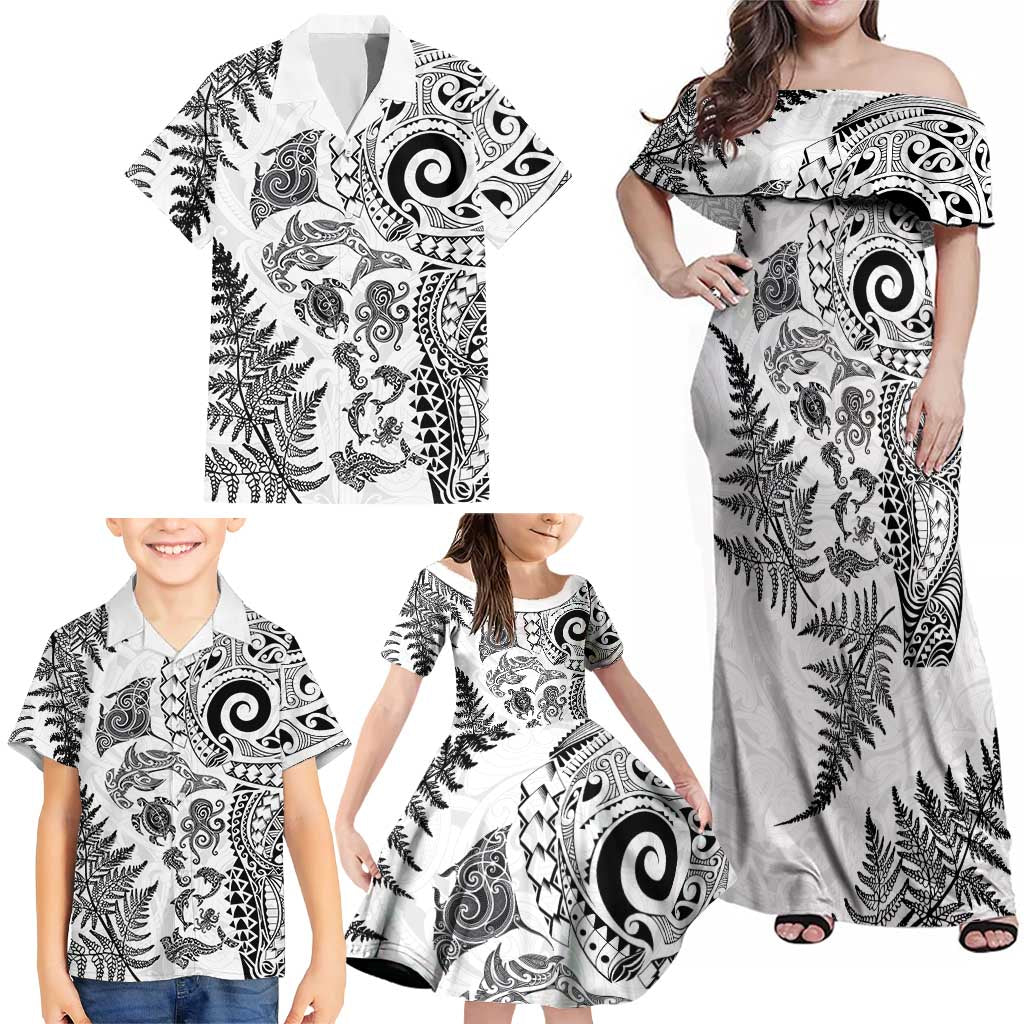 New Zealand Sea Animals Family Matching Off Shoulder Maxi Dress and Hawaiian Shirt with Maori Koru Tribal Tattoo and Silver Ferns White Color
