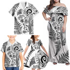 New Zealand Sea Animals Family Matching Off Shoulder Maxi Dress and Hawaiian Shirt with Maori Koru Tribal Tattoo and Silver Ferns White Color