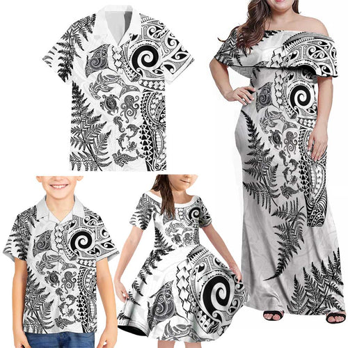 New Zealand Sea Animals Family Matching Off Shoulder Maxi Dress and Hawaiian Shirt with Maori Koru Tribal Tattoo and Silver Ferns White Color
