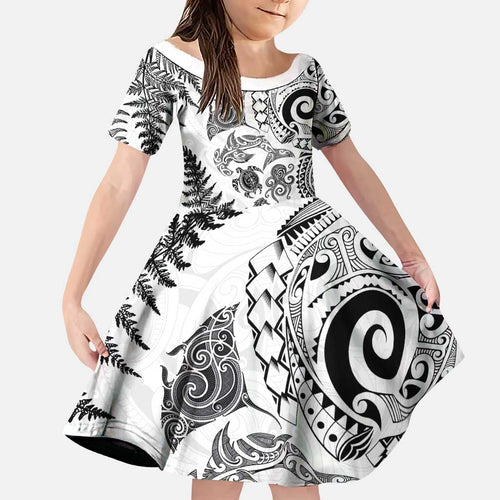 New Zealand Sea Animals Family Matching Off Shoulder Maxi Dress and Hawaiian Shirt with Maori Koru Tribal Tattoo and Silver Ferns White Color