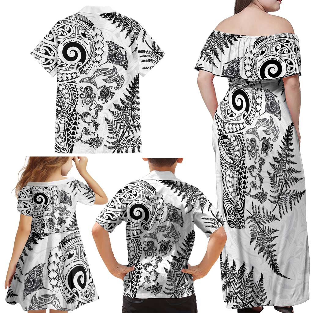 New Zealand Sea Animals Family Matching Off Shoulder Maxi Dress and Hawaiian Shirt with Maori Koru Tribal Tattoo and Silver Ferns White Color