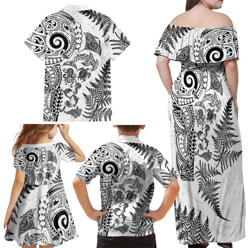 New Zealand Sea Animals Family Matching Off Shoulder Maxi Dress and Hawaiian Shirt with Maori Koru Tribal Tattoo and Silver Ferns White Color