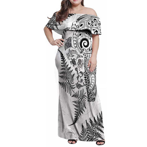 New Zealand Sea Animals Family Matching Off Shoulder Maxi Dress and Hawaiian Shirt with Maori Koru Tribal Tattoo and Silver Ferns White Color