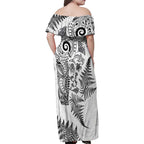 New Zealand Sea Animals Family Matching Off Shoulder Maxi Dress and Hawaiian Shirt with Maori Koru Tribal Tattoo and Silver Ferns White Color