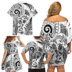 New Zealand Sea Animals Family Matching Off Shoulder Short Dress and Hawaiian Shirt with Maori Koru Tribal Tattoo and Silver Ferns White Color