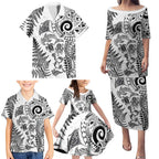 New Zealand Sea Animals Family Matching Puletasi and Hawaiian Shirt with Maori Koru Tribal Tattoo and Silver Ferns White Color