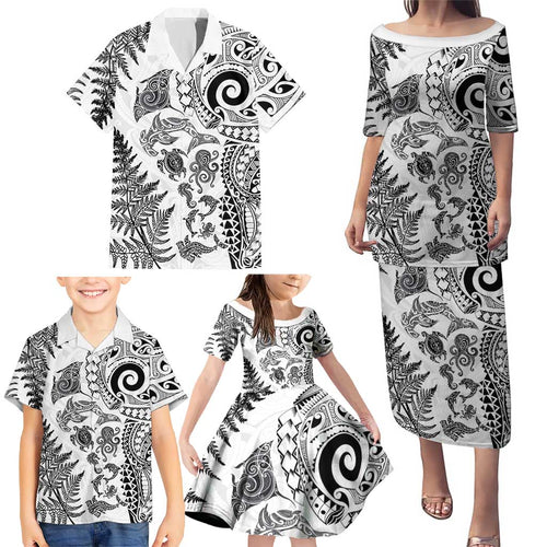 New Zealand Sea Animals Family Matching Puletasi and Hawaiian Shirt with Maori Koru Tribal Tattoo and Silver Ferns White Color