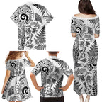 New Zealand Sea Animals Family Matching Puletasi and Hawaiian Shirt with Maori Koru Tribal Tattoo and Silver Ferns White Color