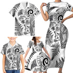 New Zealand Sea Animals Family Matching Short Sleeve Bodycon Dress and Hawaiian Shirt with Maori Koru Tribal Tattoo and Silver Ferns White Color