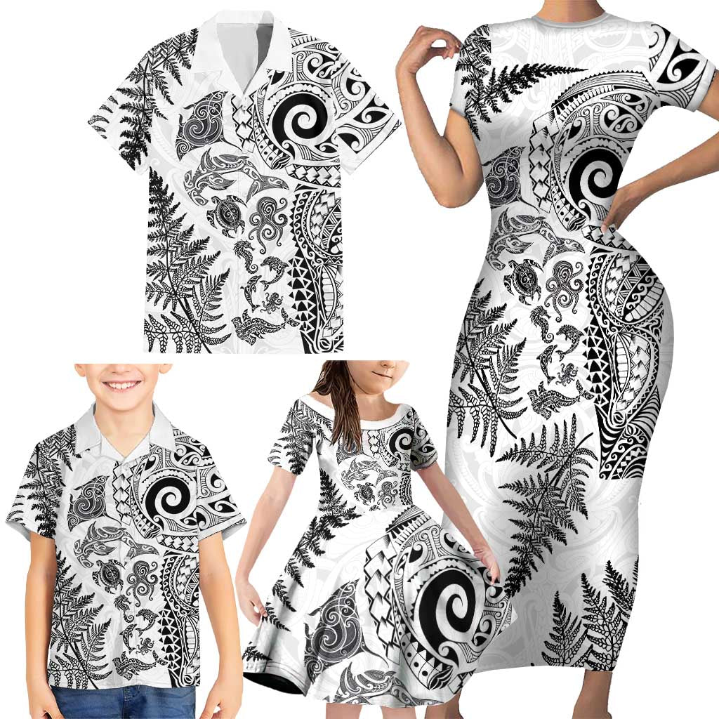 New Zealand Sea Animals Family Matching Short Sleeve Bodycon Dress and Hawaiian Shirt with Maori Koru Tribal Tattoo and Silver Ferns White Color