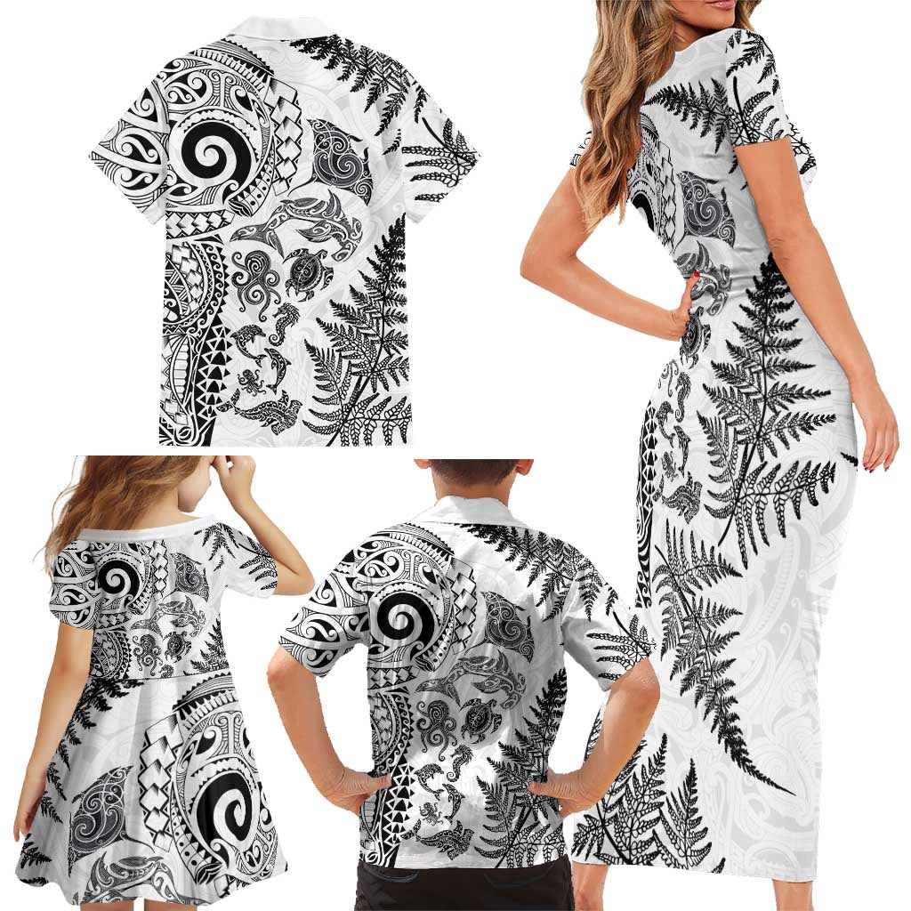 New Zealand Sea Animals Family Matching Short Sleeve Bodycon Dress and Hawaiian Shirt with Maori Koru Tribal Tattoo and Silver Ferns White Color
