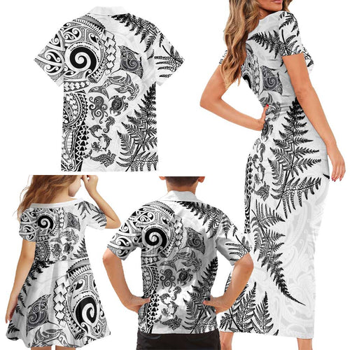 New Zealand Sea Animals Family Matching Short Sleeve Bodycon Dress and Hawaiian Shirt with Maori Koru Tribal Tattoo and Silver Ferns White Color