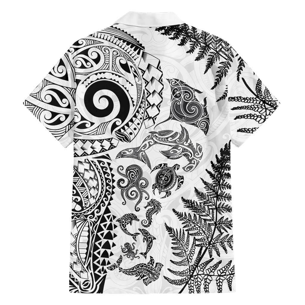 New Zealand Sea Animals Family Matching Short Sleeve Bodycon Dress and Hawaiian Shirt with Maori Koru Tribal Tattoo and Silver Ferns White Color